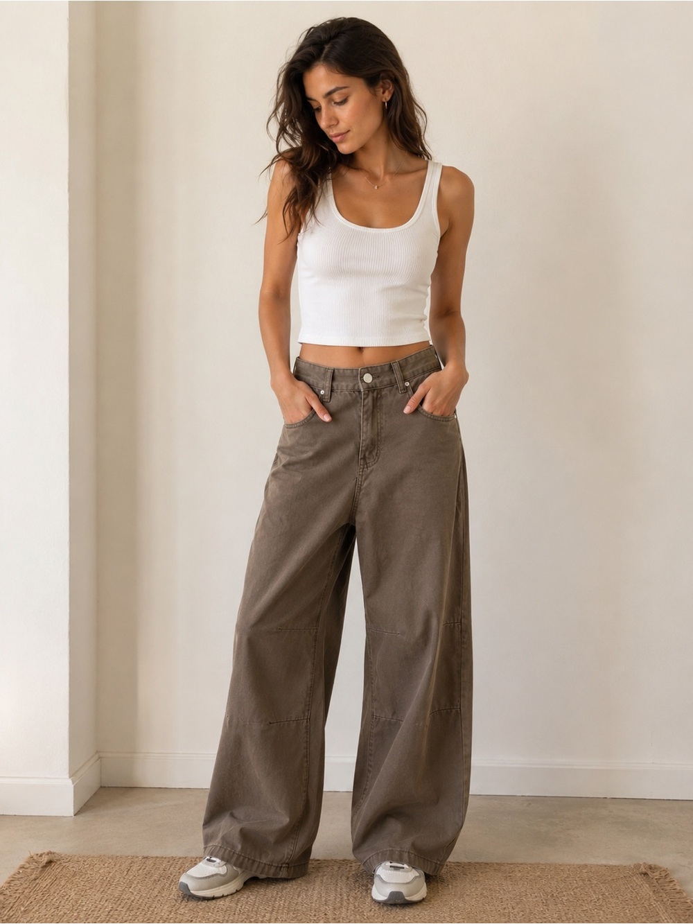 Wide Leg Cargo-Style Pants in Taupe with White Tank